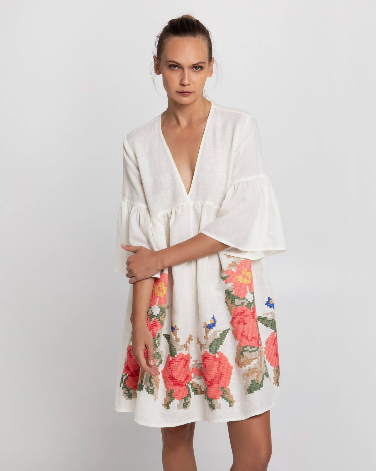 Rose Bell Sleeve Embroidered Dress - 30% OFF