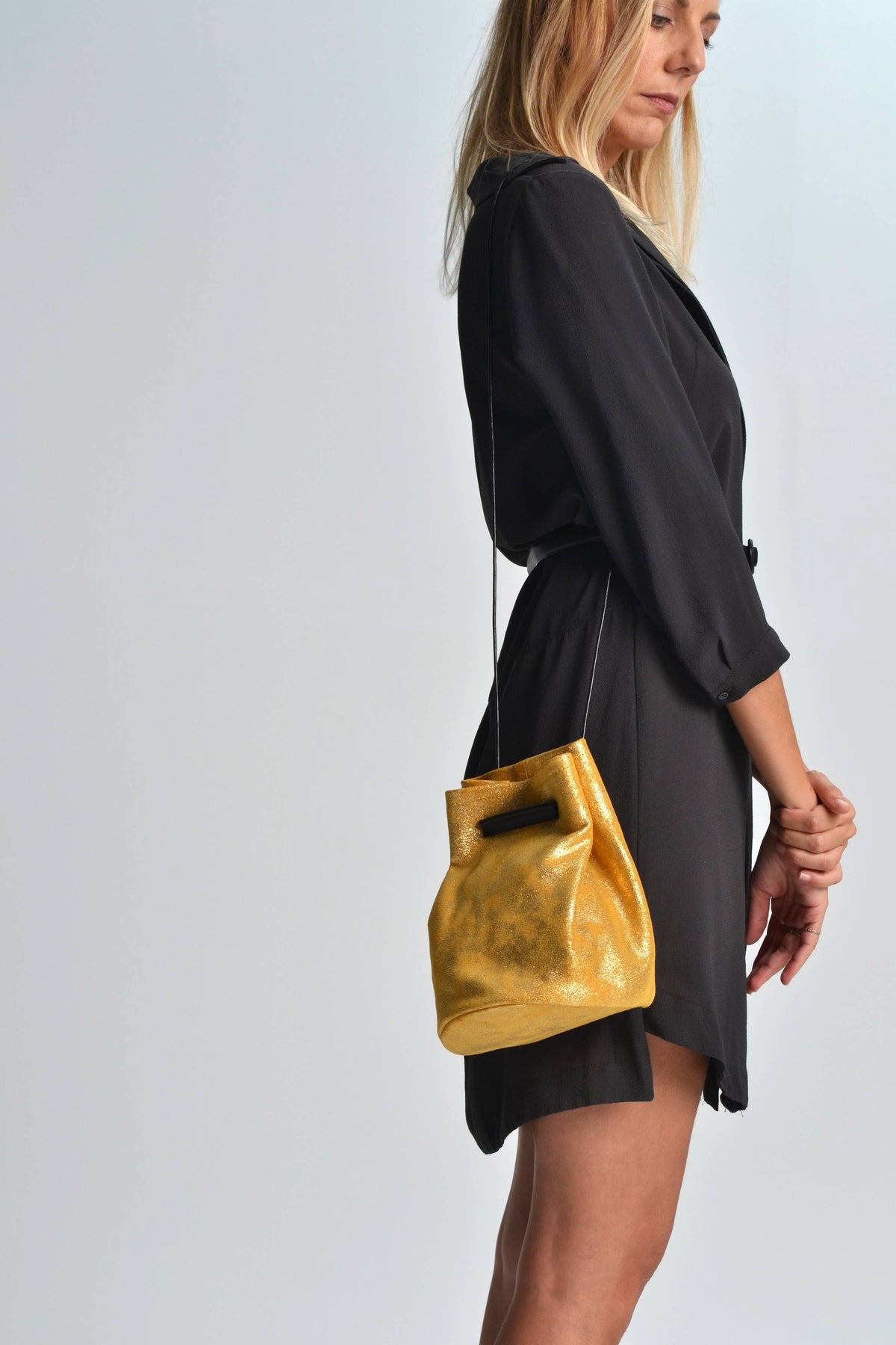 Loli Metallic Gold Leather Bucket Bag