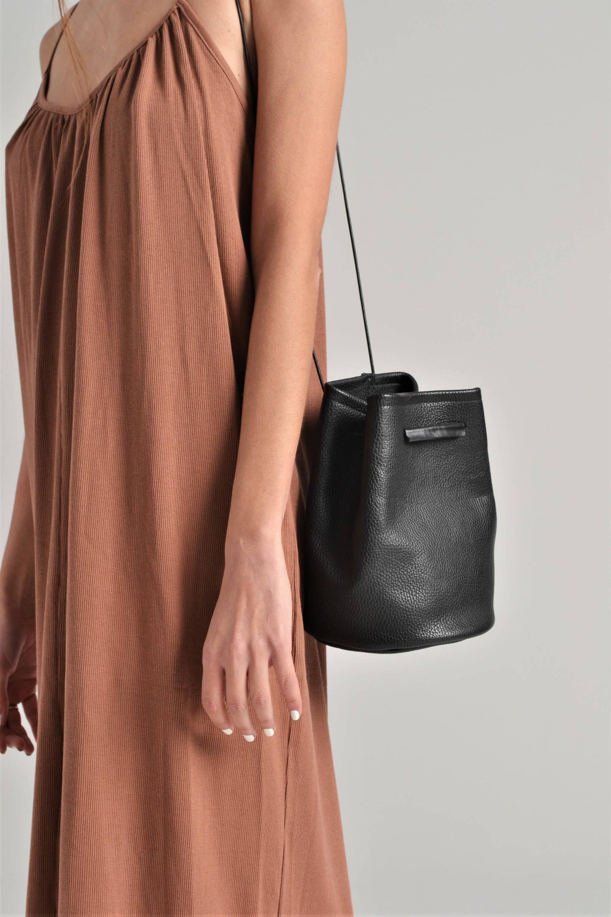 Loli Black Pebble Leather Bucket Bag