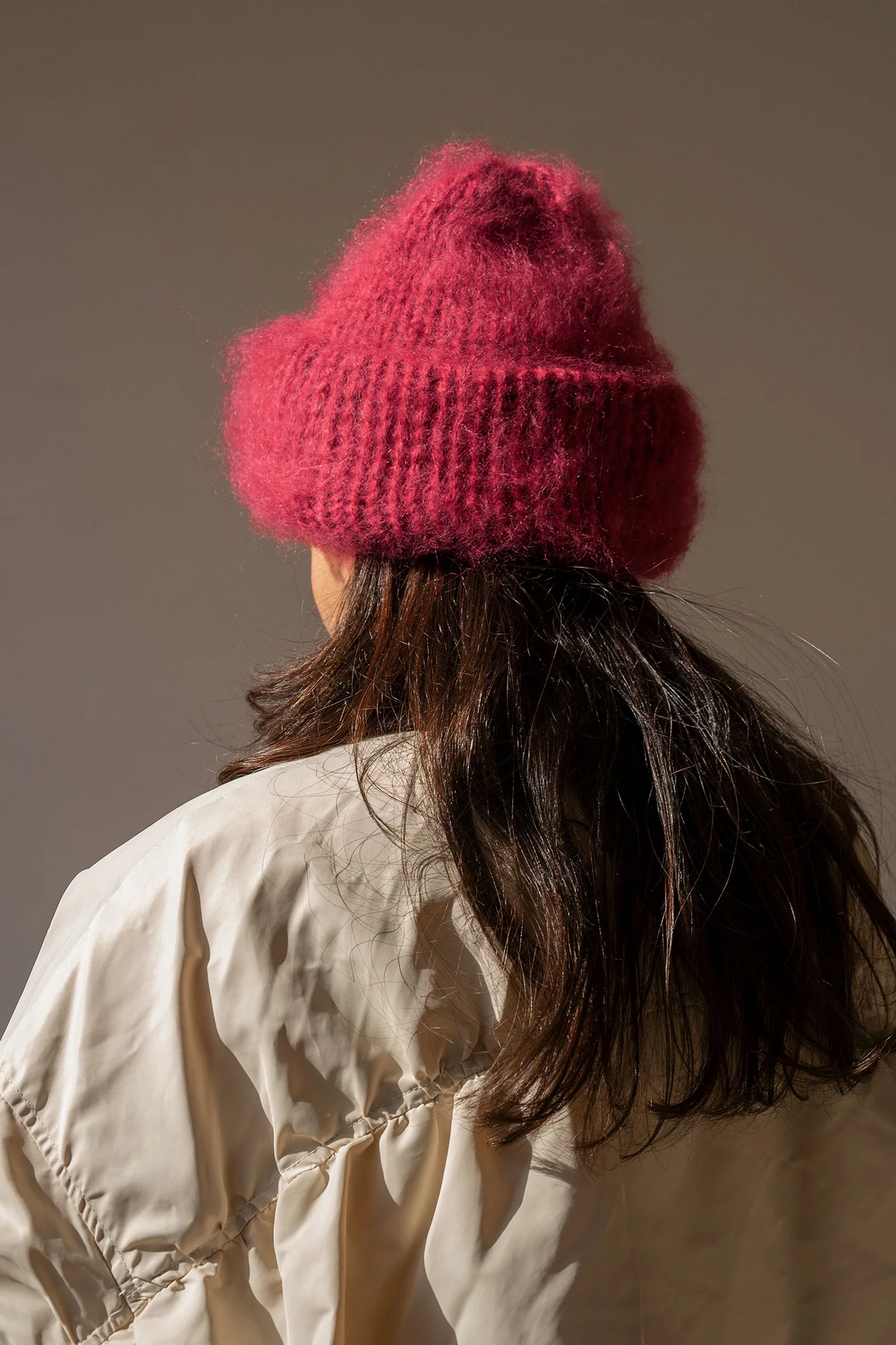 Brushed Mohair Beanie in Cerise