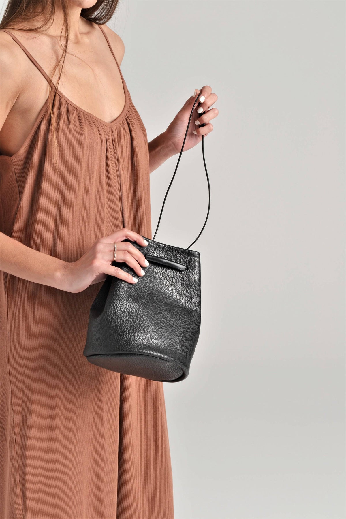 Loli Black Pebble Leather Bucket Bag