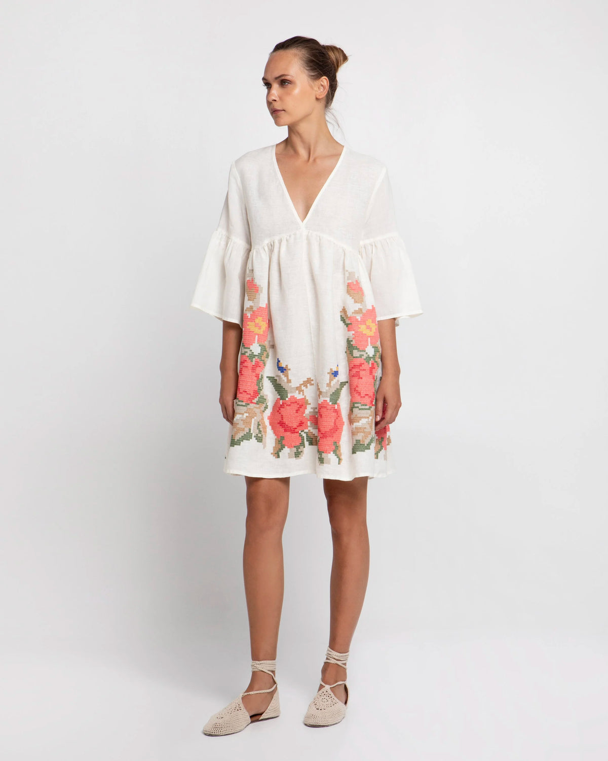 Rose Bell Sleeve Embroidered Dress - 30% OFF