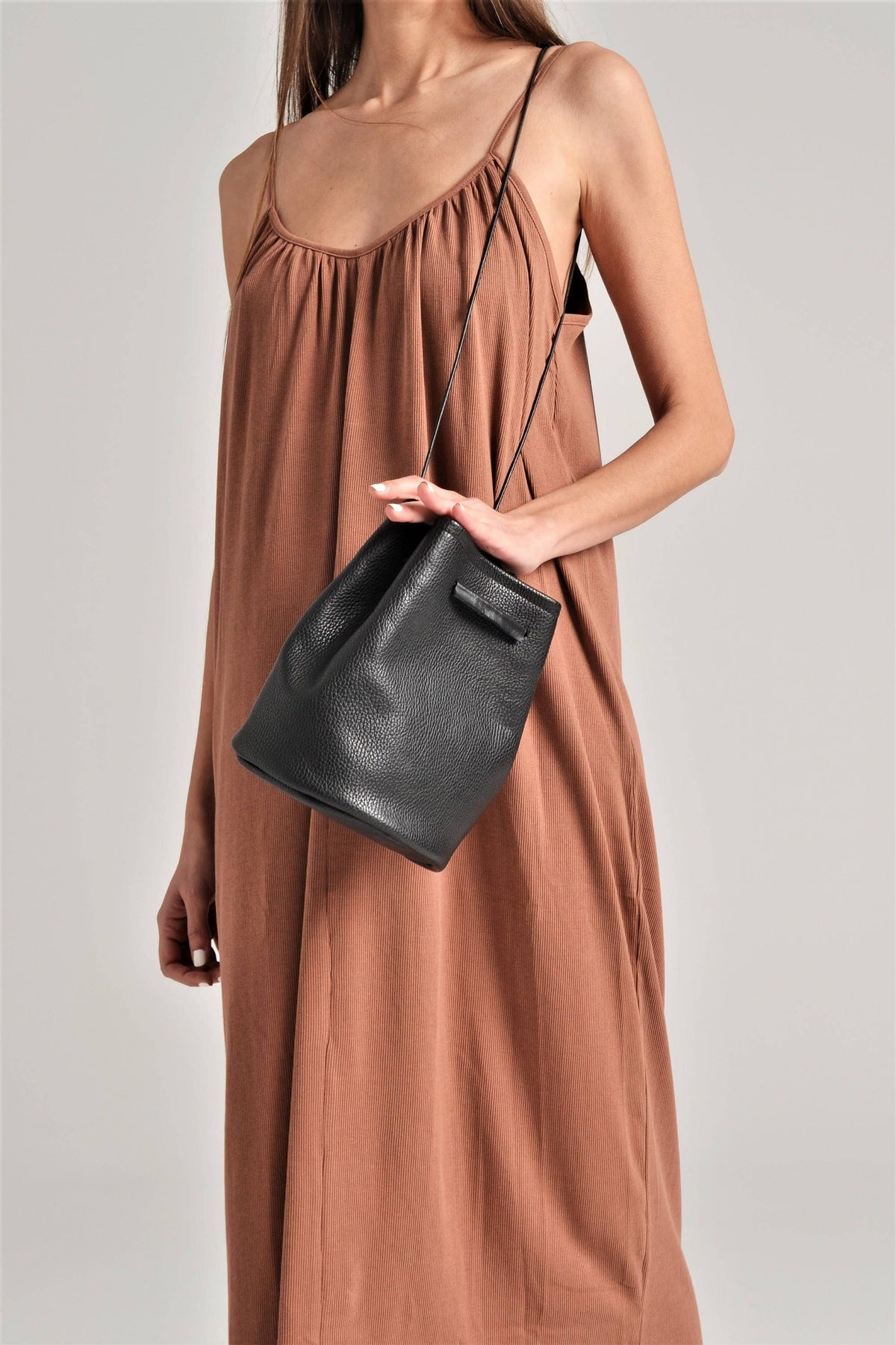 Loli Black Pebble Leather Bucket Bag