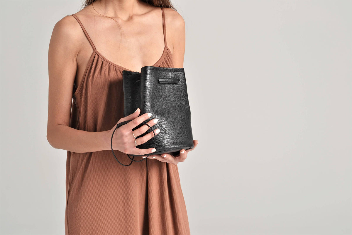 Loli Black Pebble Leather Bucket Bag