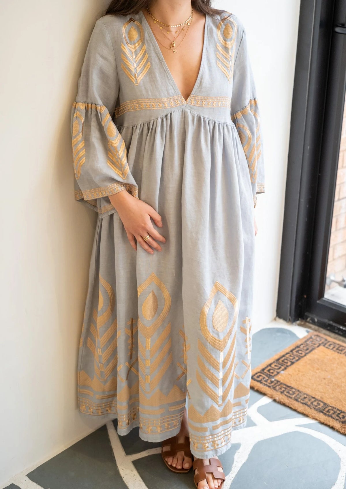 Long Linen Feather Dress - Grey/Gold