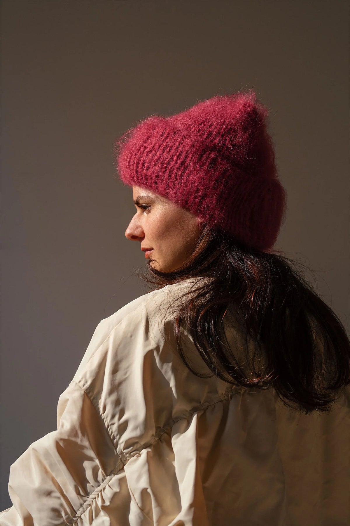 Brushed Mohair Beanie in Cerise