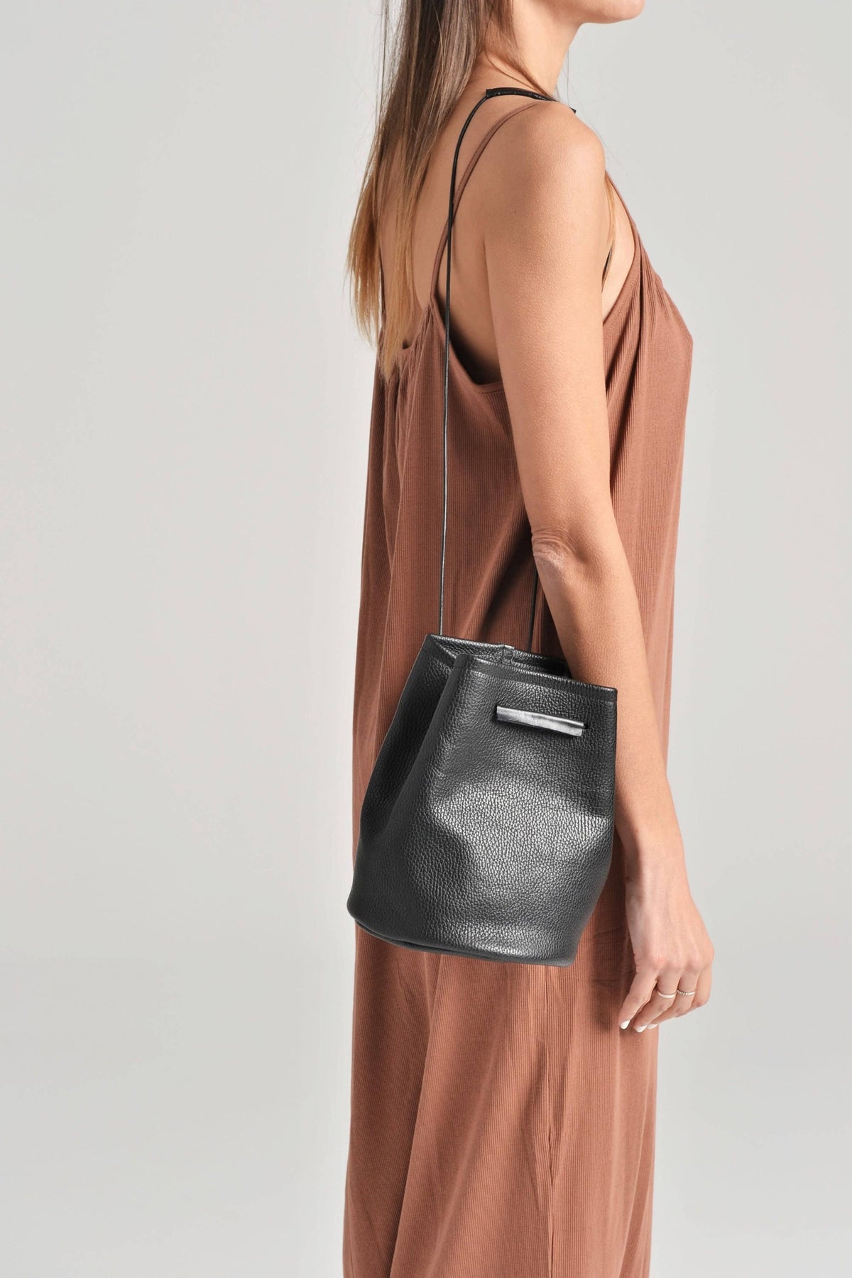 Loli Black Pebble Leather Bucket Bag